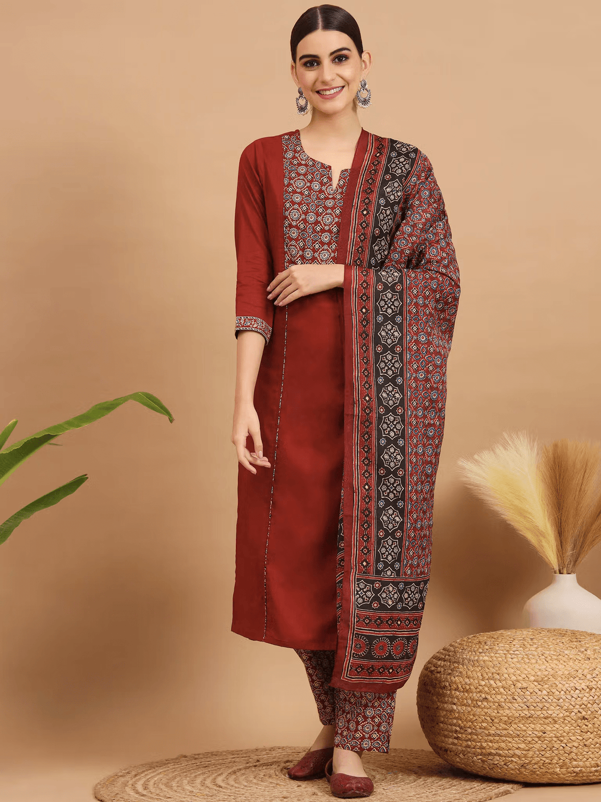 Floral Embroidered Cotton Kurta Set - Three Piece