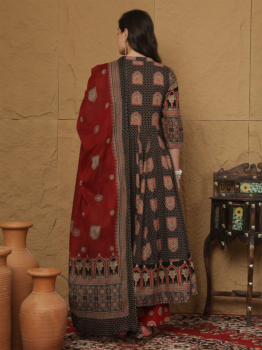 Three piece Kurtha with floral embroidered georgette maxi dress Canada featuring intricate patterns and a vibrant design