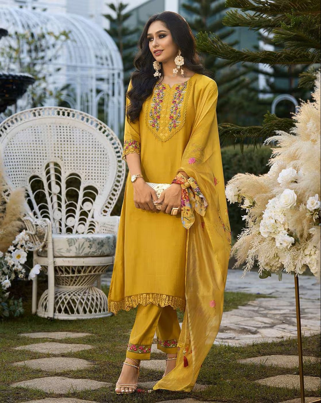 Aromie floral embroidered kurta set in yellow with intricate designs, paired with a stylish dupatta