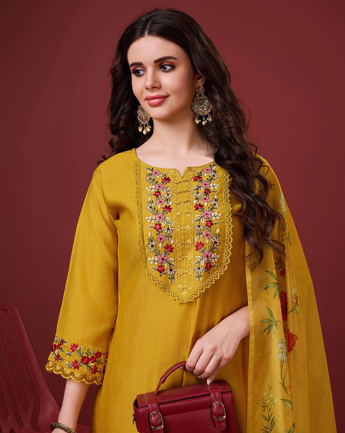 Aromie floral embroidered kurta set in yellow with intricate floral designs and a matching dupatta