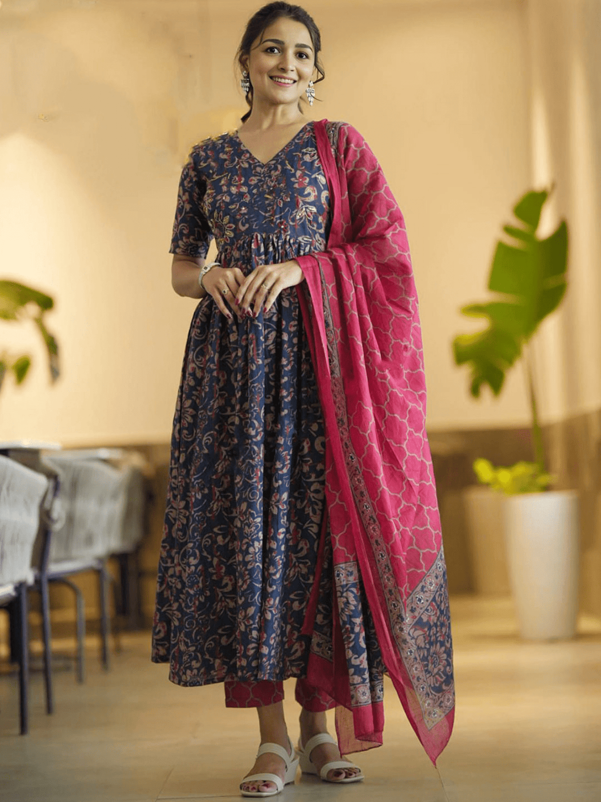 Floral Kalidar Kurta Set in Navy Blue with Matching Dupatta and Pants for Elegant Wear