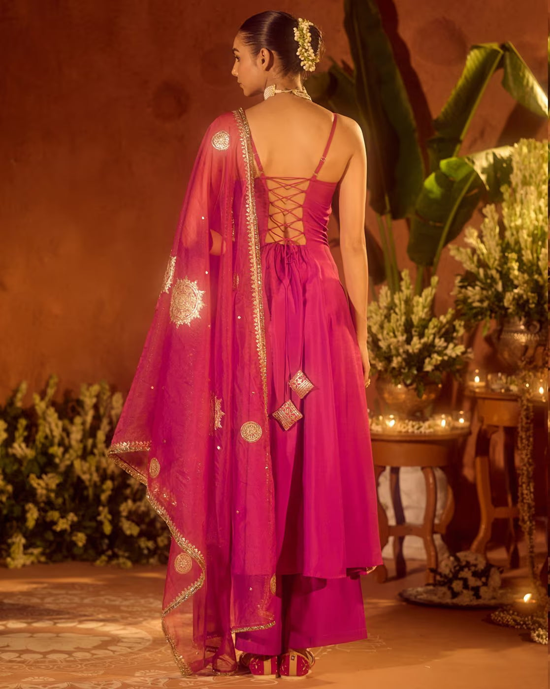 Elegant Floral Kurta Set for Women in pink with lace-up back and embroidered dupatta