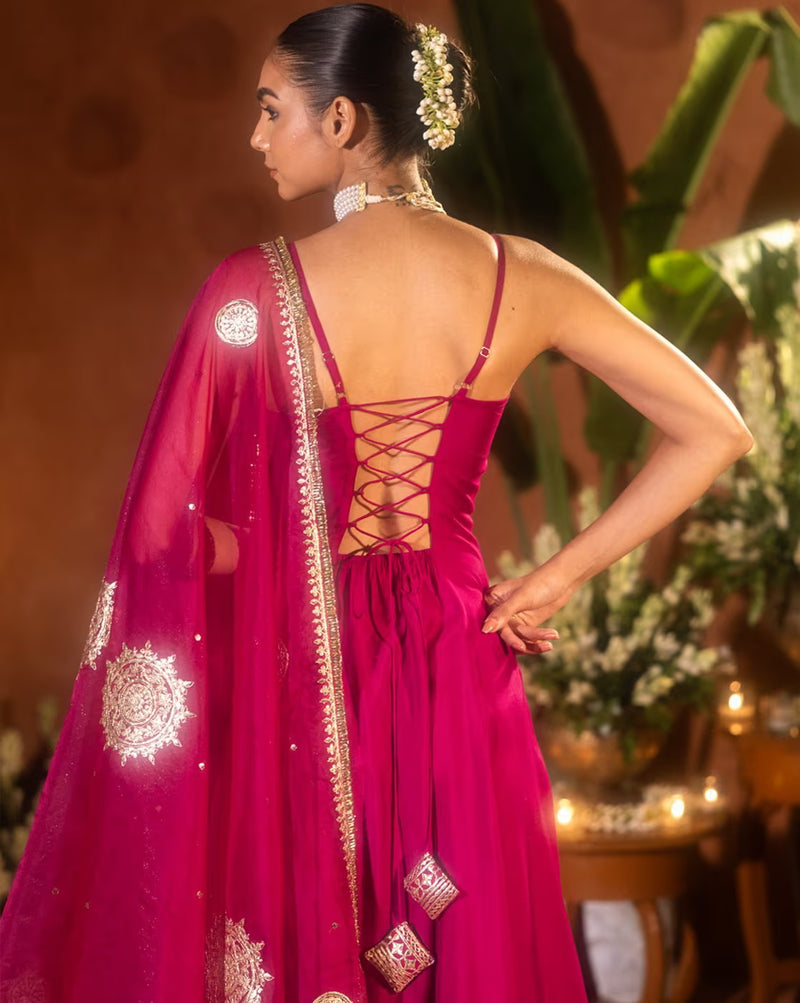 Elegant Floral Kurta Set for Women in Magenta with Lace-Up Back and Embellished Dupatta