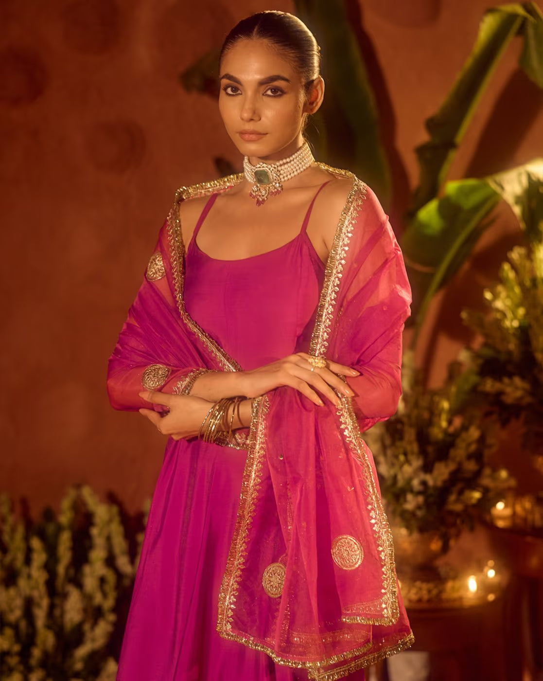 Elegant Floral Kurta Set for Women in Pink with Embellished Chiffon Dupatta and Chic Accessories