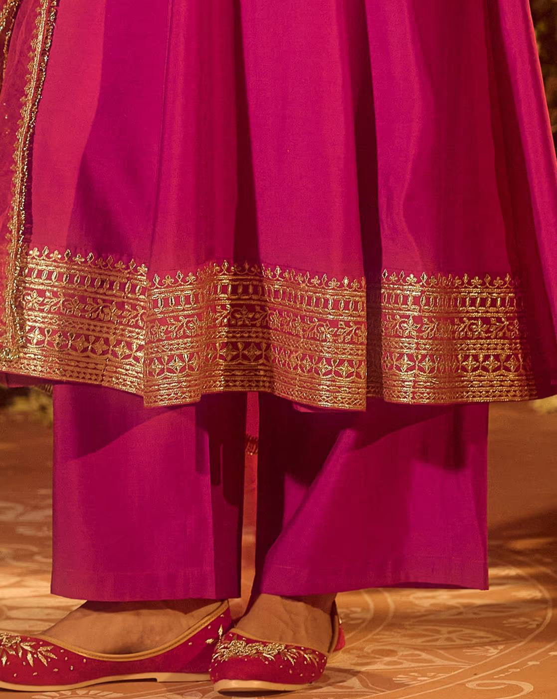 Elegant Floral Kurta Set for Women in Pink with Intricate Gold Detailing and Matching Footwear