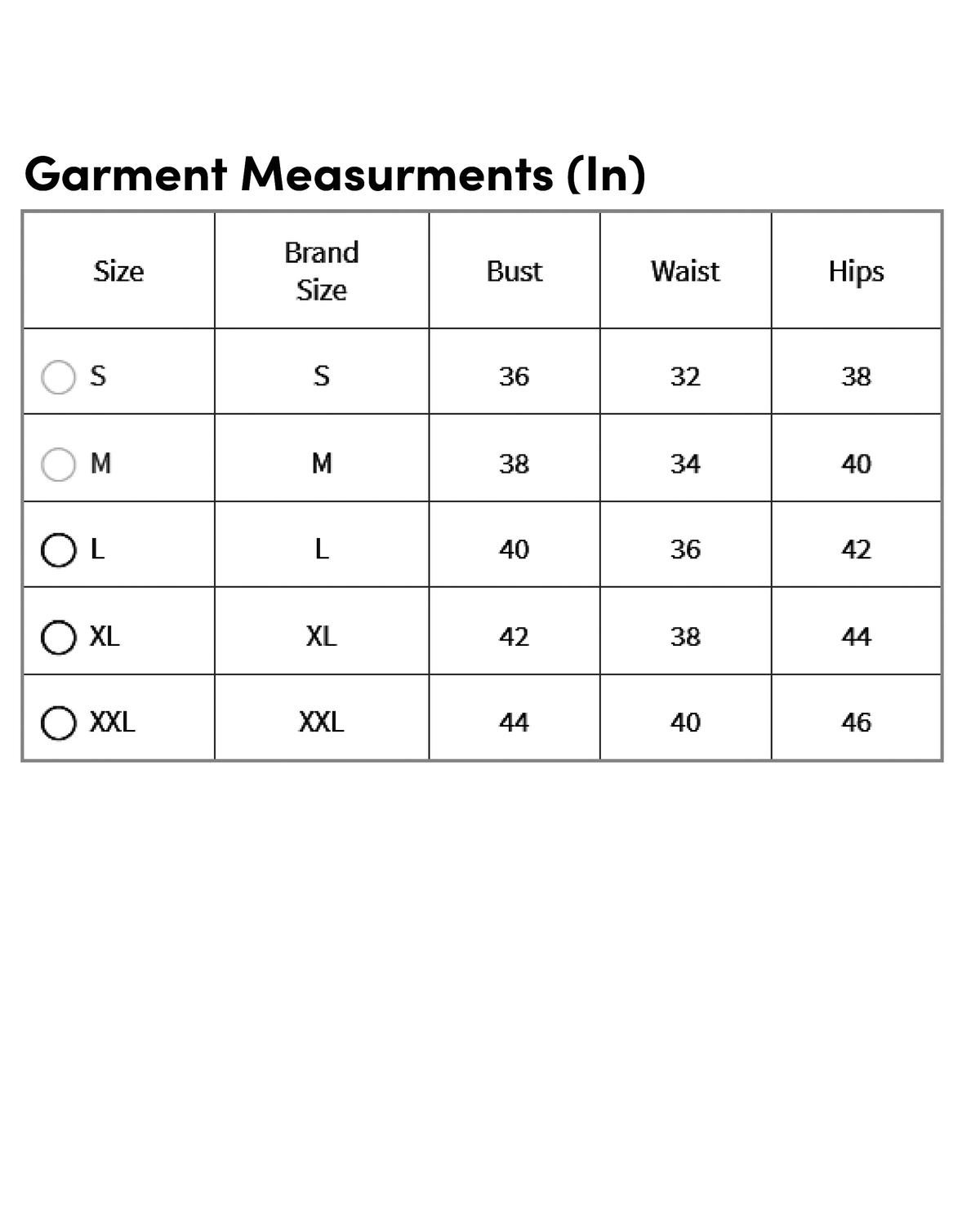 Garment measurements chart for Floral Kurta Set for Women in various sizes including S, M, L, XL, XXL
