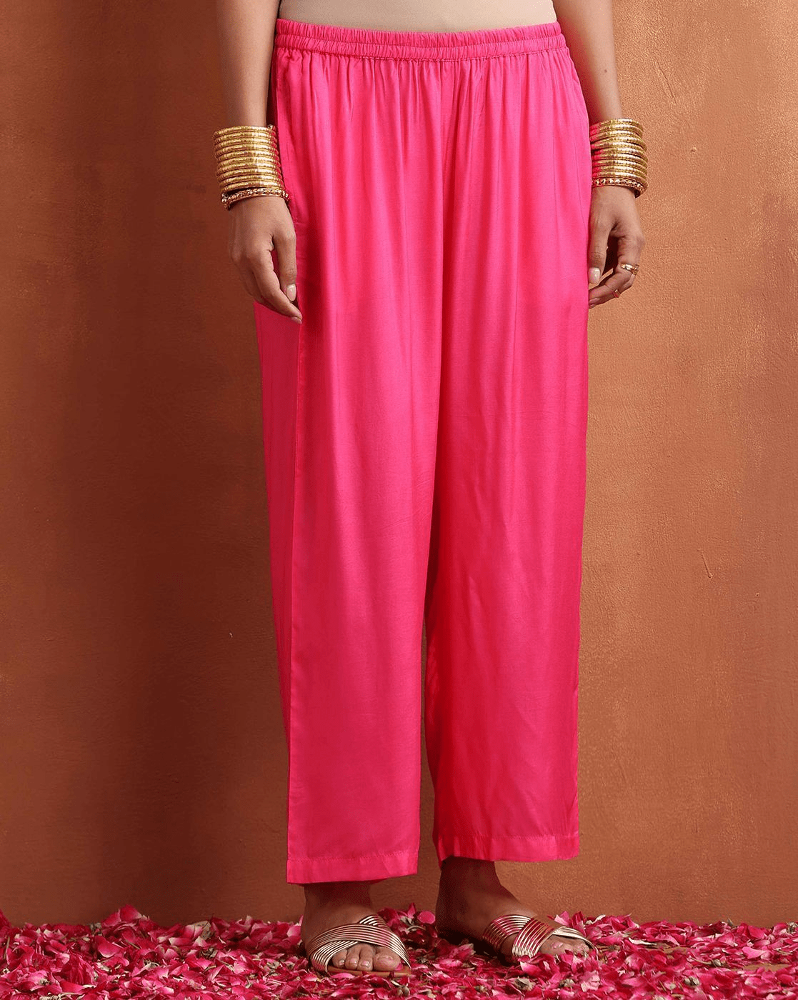 Pink Silk Palazzos for Women paired with a Floral Kurta Set for Women, perfect for festive occasions