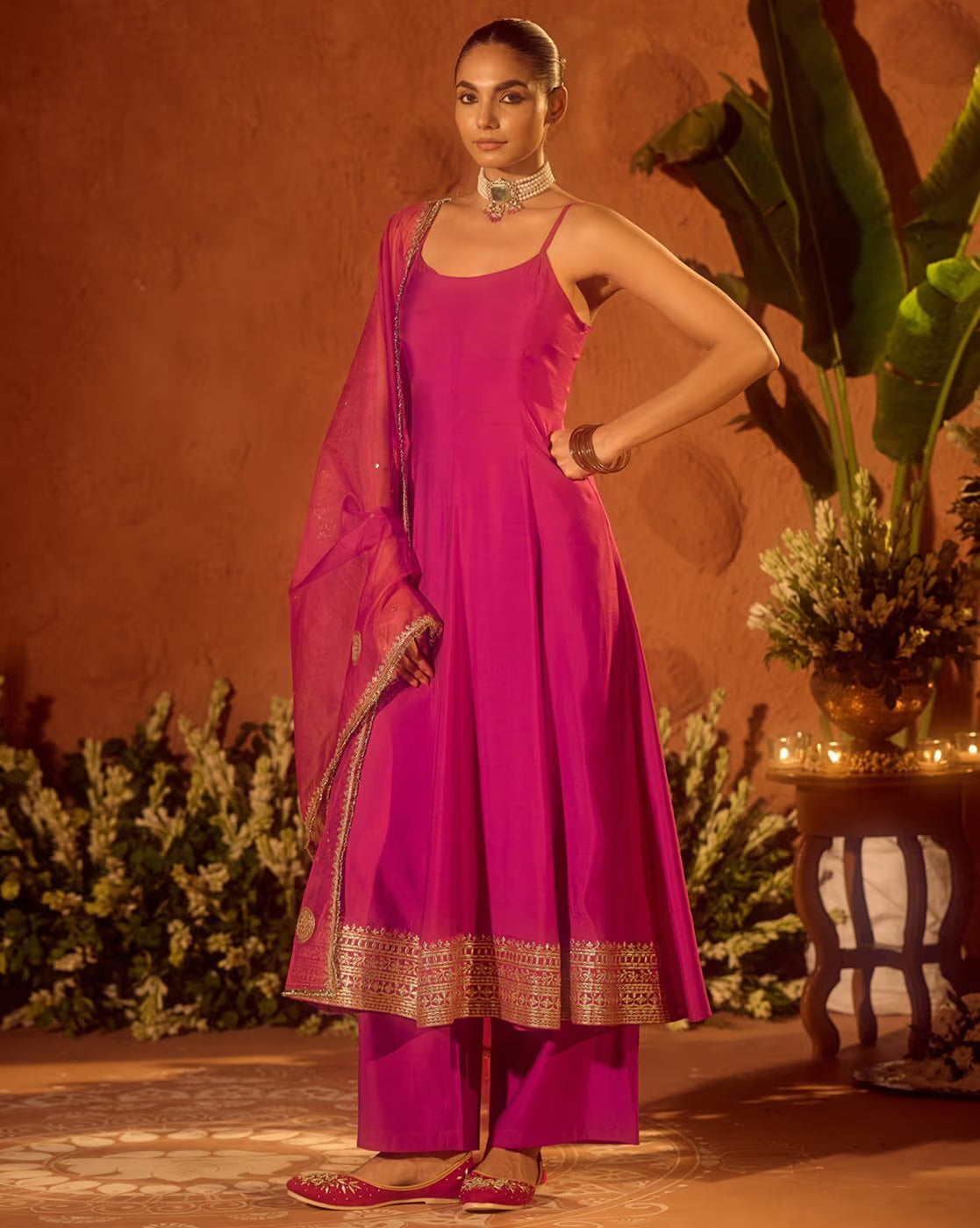 Elegant Floral Kurta Set for Women in vibrant pink with stylish embellishments and matching dupatta