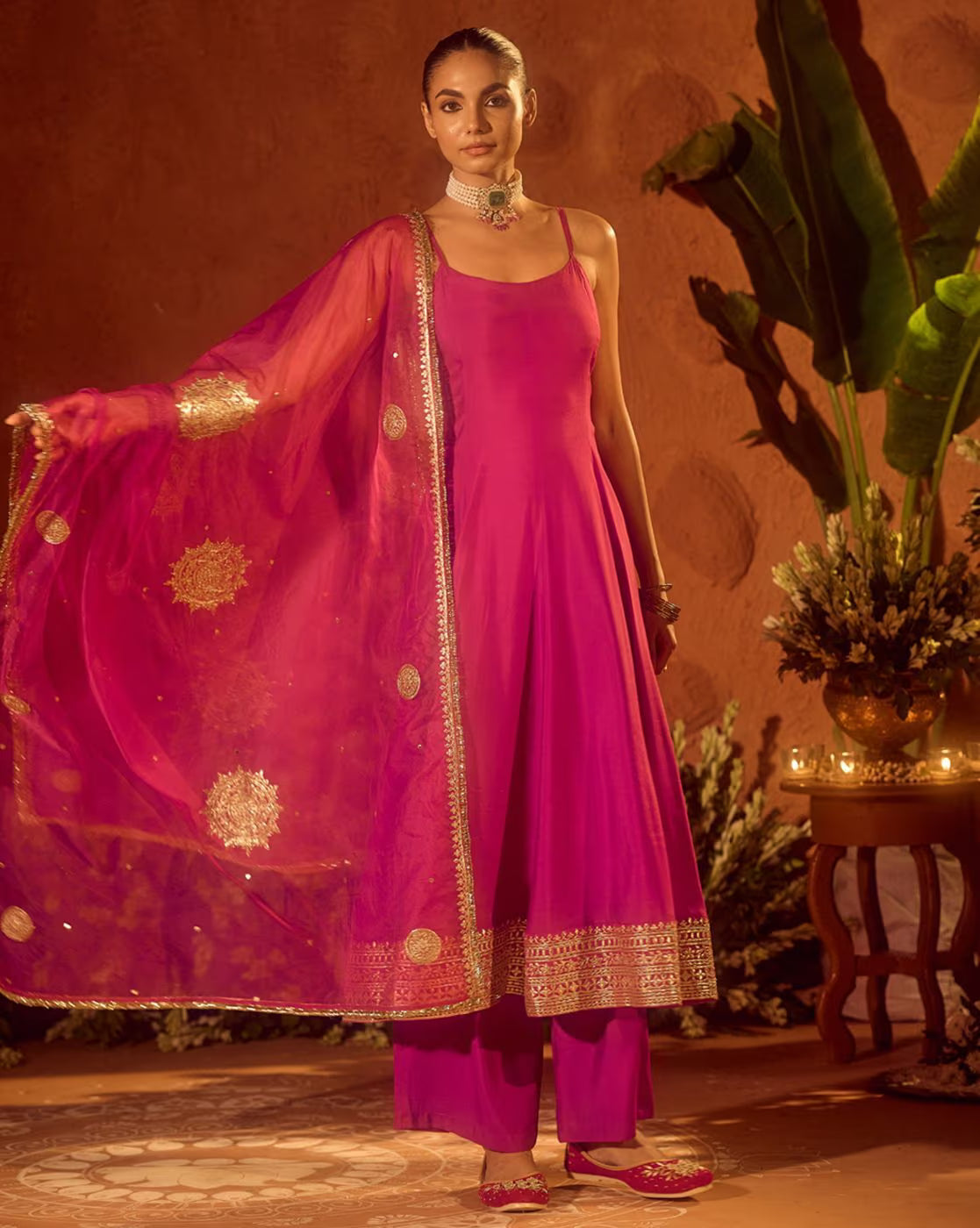 Elegant Floral Kurta Set for Women in vibrant pink with decorative dupatta and stylish embroidery