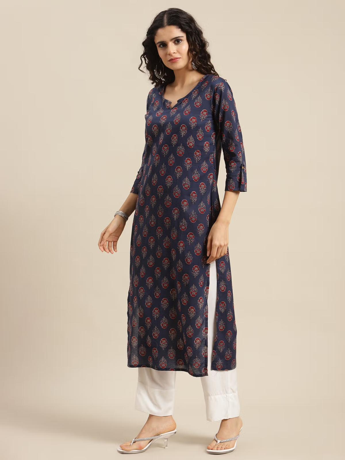 Aromie single piece kurta in floral navy jumpsuit women print with three-quarter sleeves and side slits