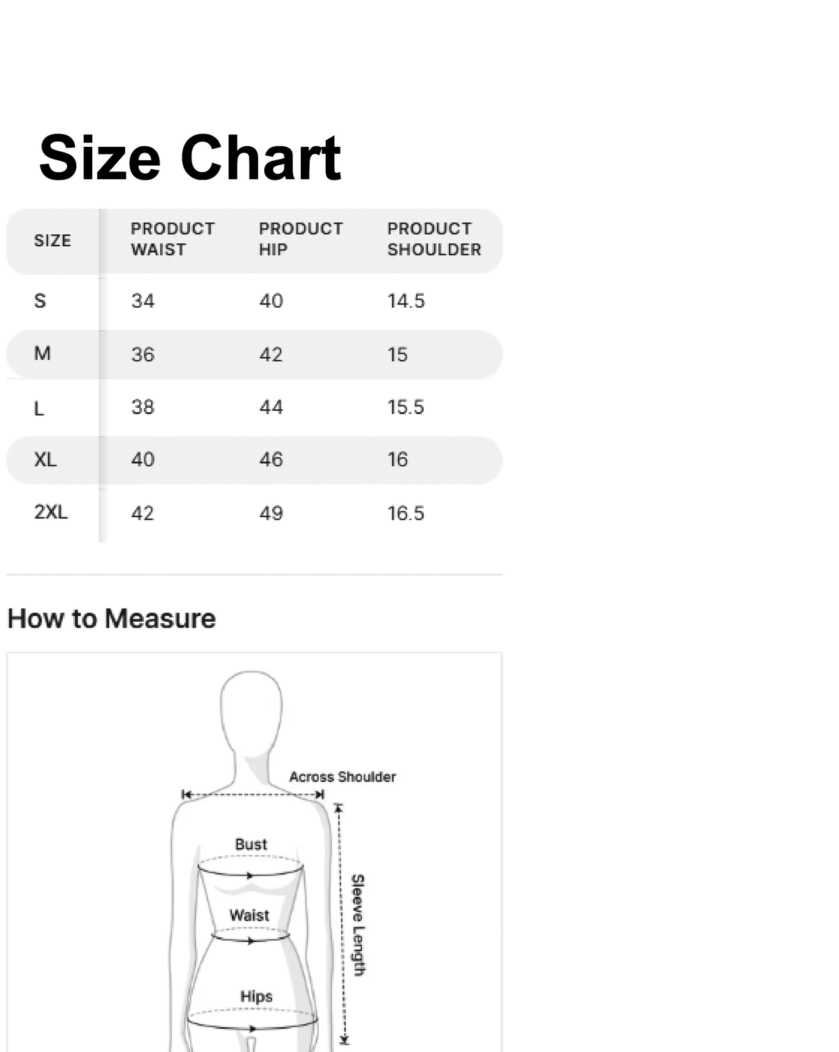 Size chart for aromie single piece kurta with waist hip and shoulder measurements for floral navy jumpsuit women