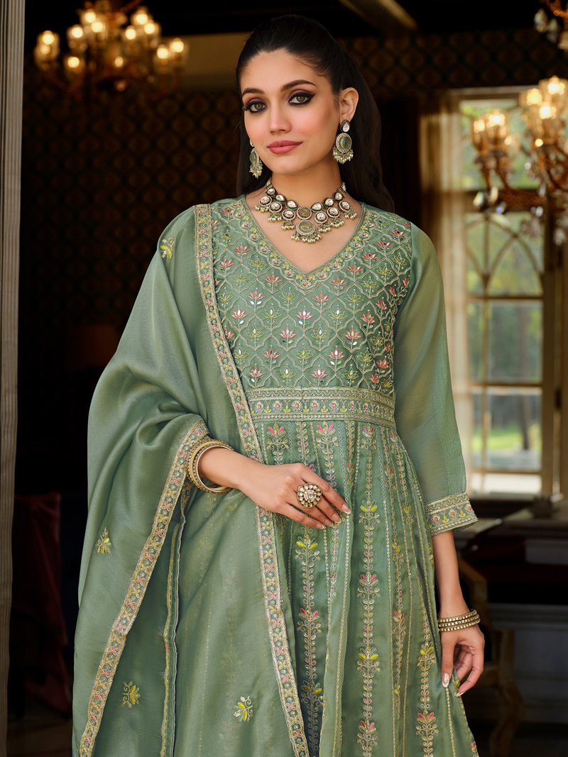 Three piece floral print kurta set Canada in green fabric, detailed front view, perfect for festive occasions