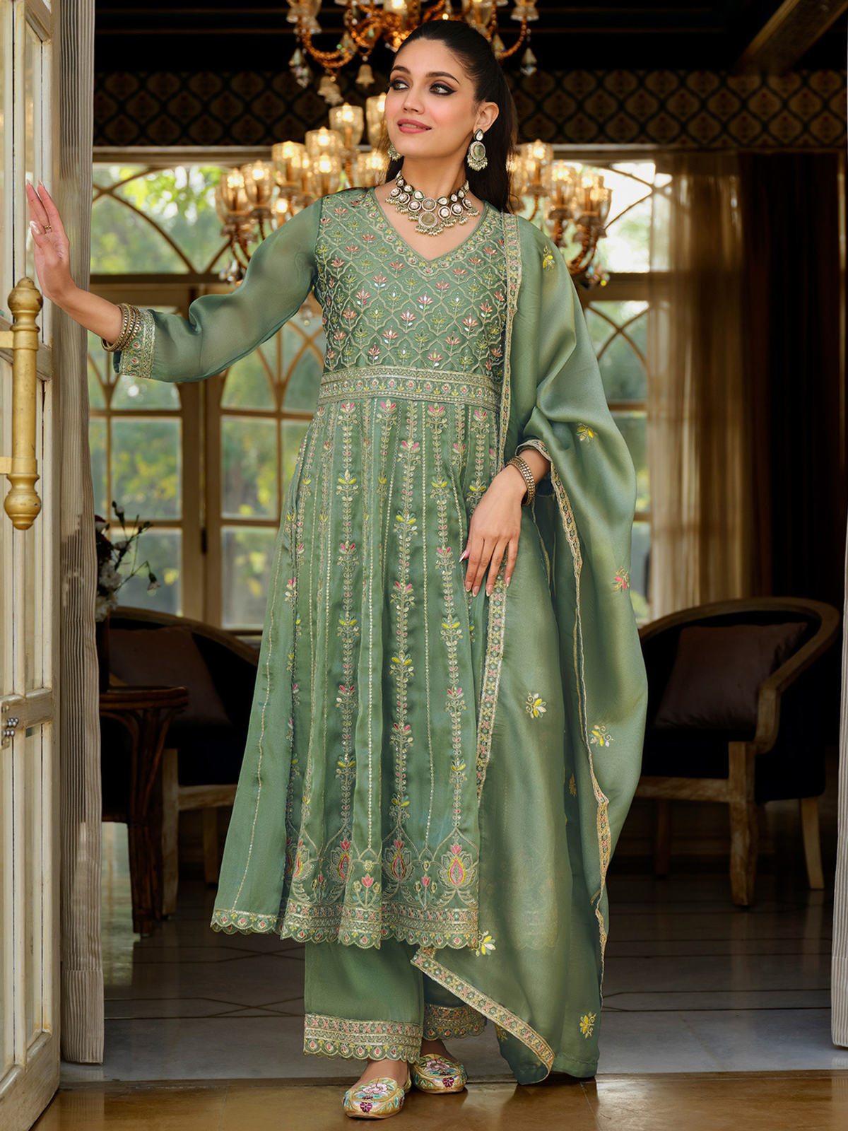 Three piece floral print kurta set Canada in green fabric, featuring intricate embroidery, perfect for festive occasions.