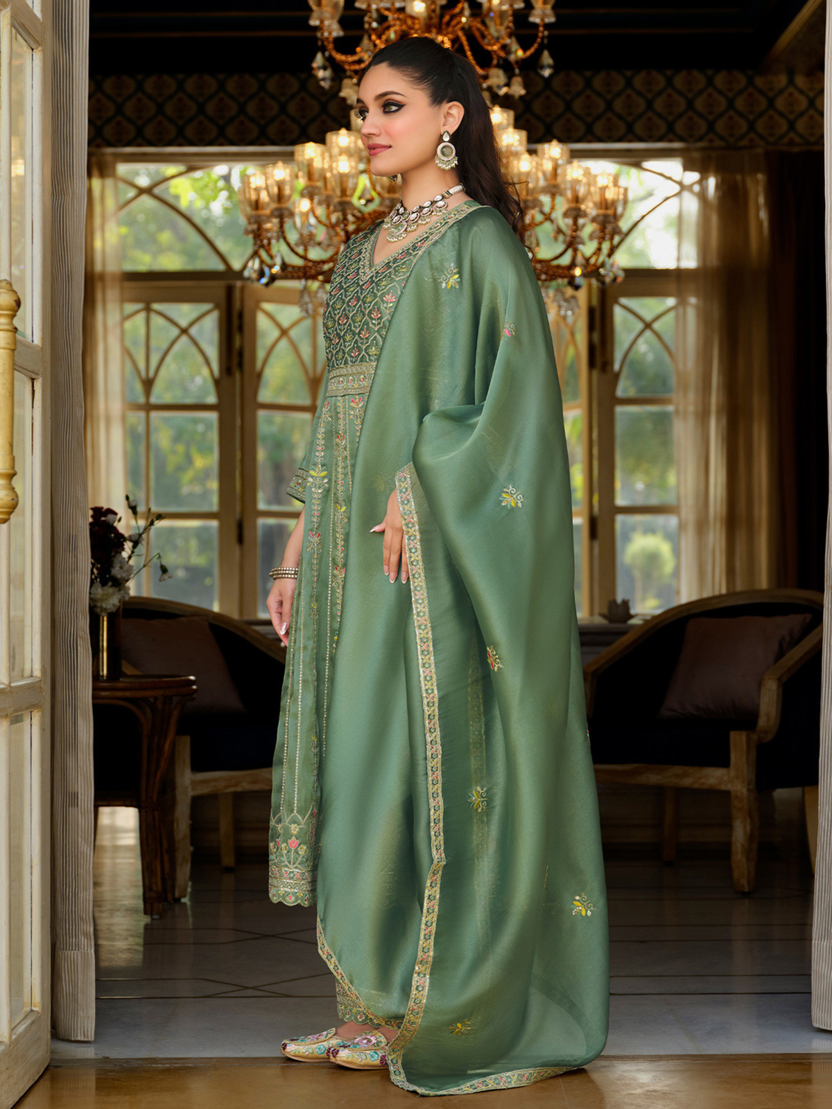 Three piece floral print kurta set Canada in green with intricate embroidery, perfect for festive occasions.