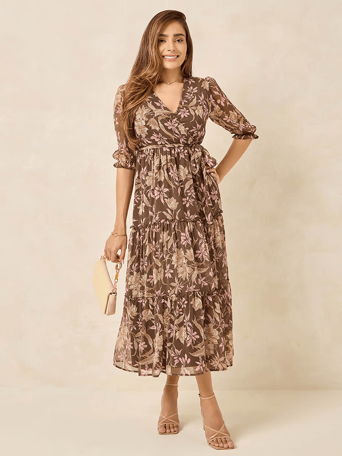 Floral Print Tiered A - Line Dress for Women – V - Neck Casual Belted Dress in Polyester - aromie