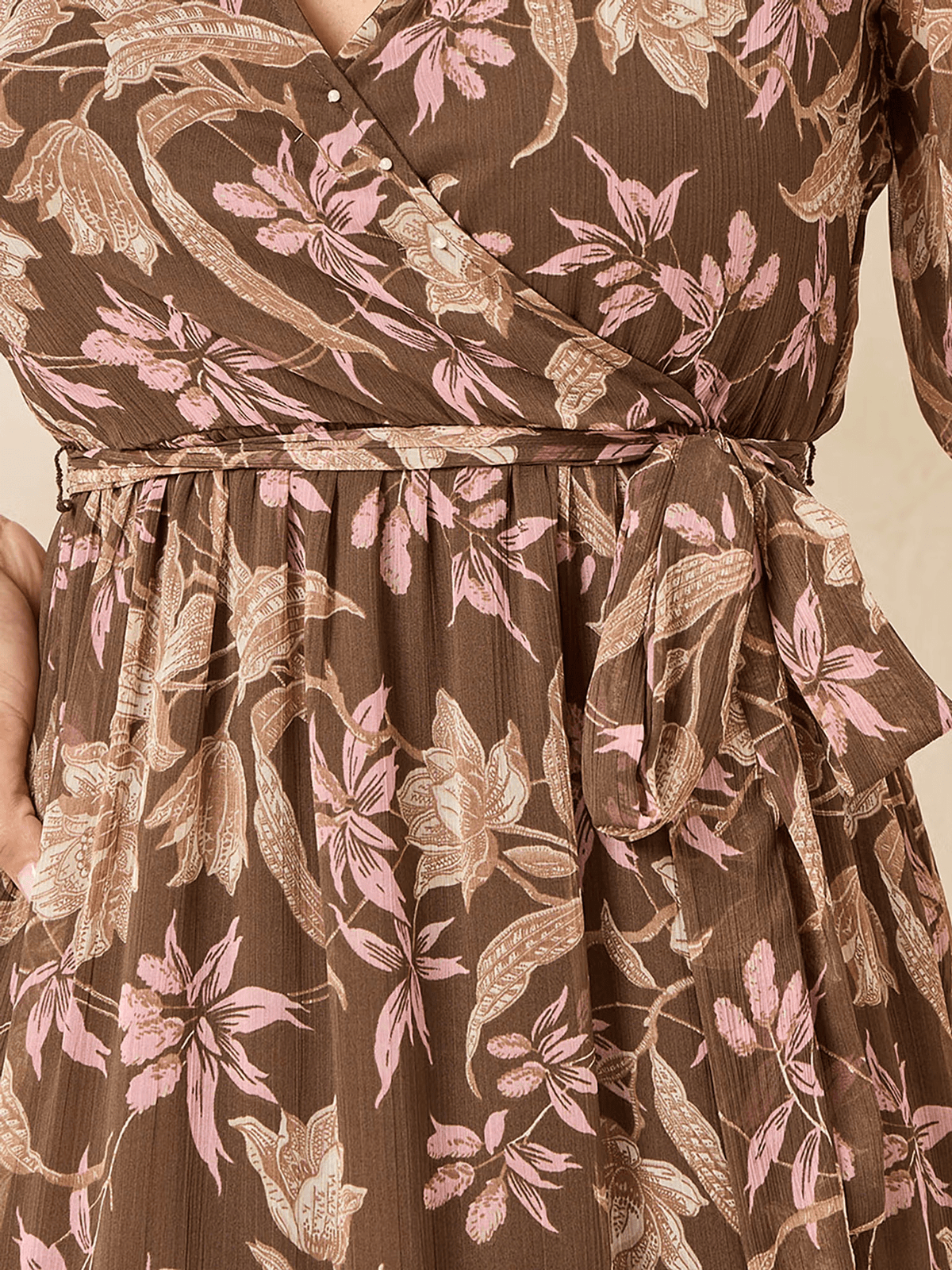 Floral Print Tiered A - Line Dress for Women – V - Neck Casual Belted Dress in Polyester - aromie