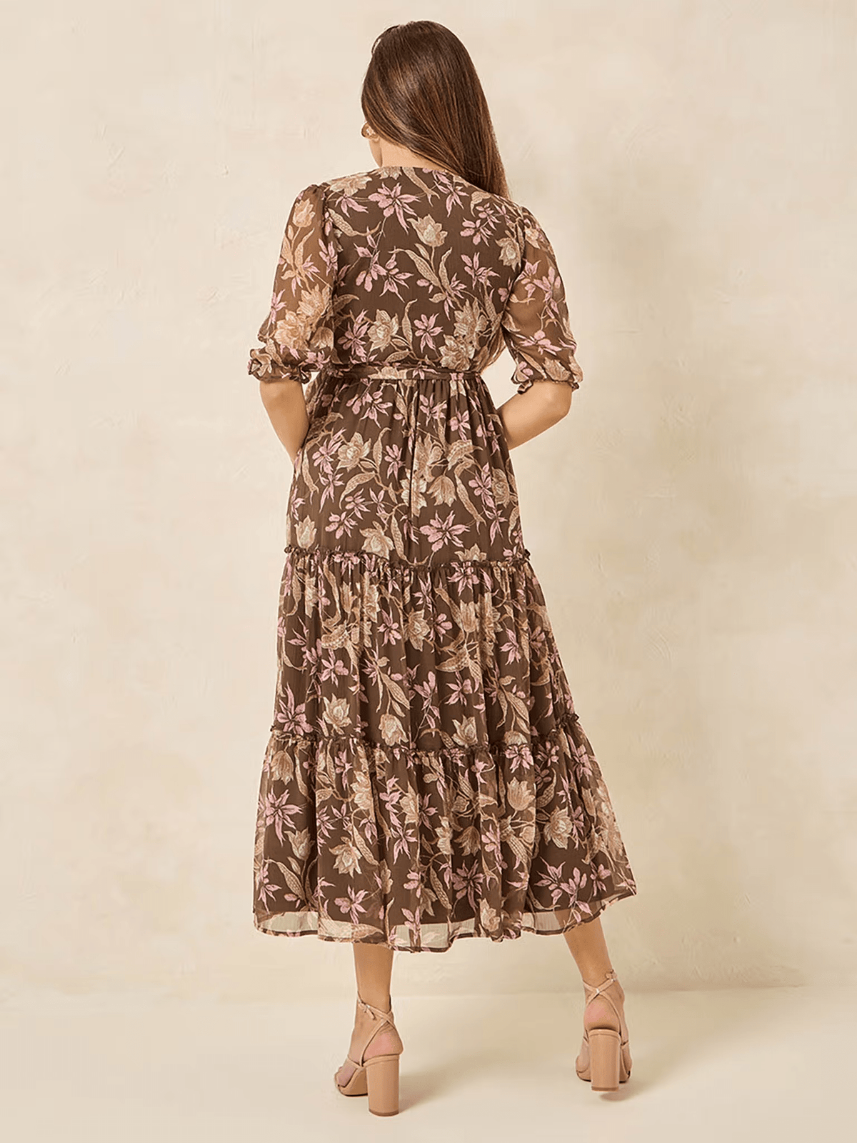 Floral Print Tiered A - Line Dress for Women – V - Neck Casual Belted Dress in Polyester - aromie
