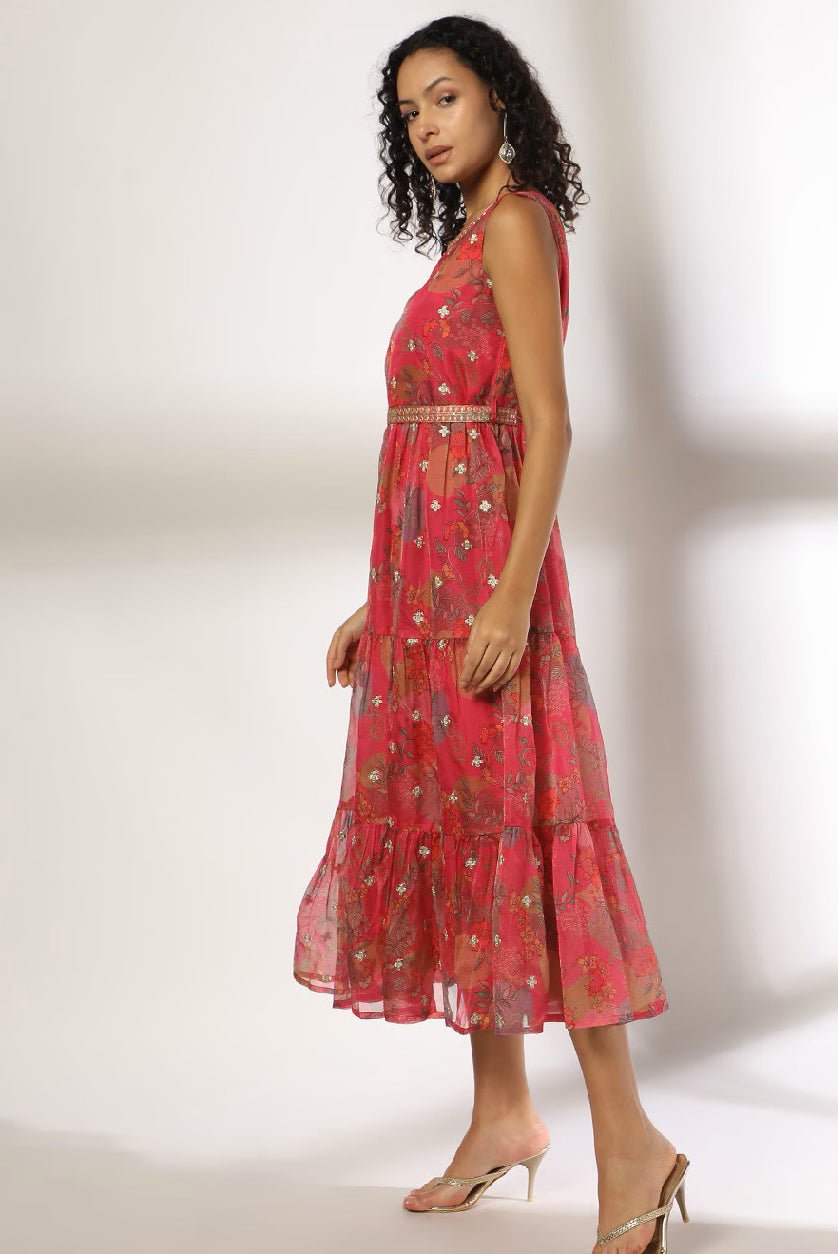 Floral Print Tiered Dress for Women – Strappy Casual Organza Dress with Round Neck - aromie