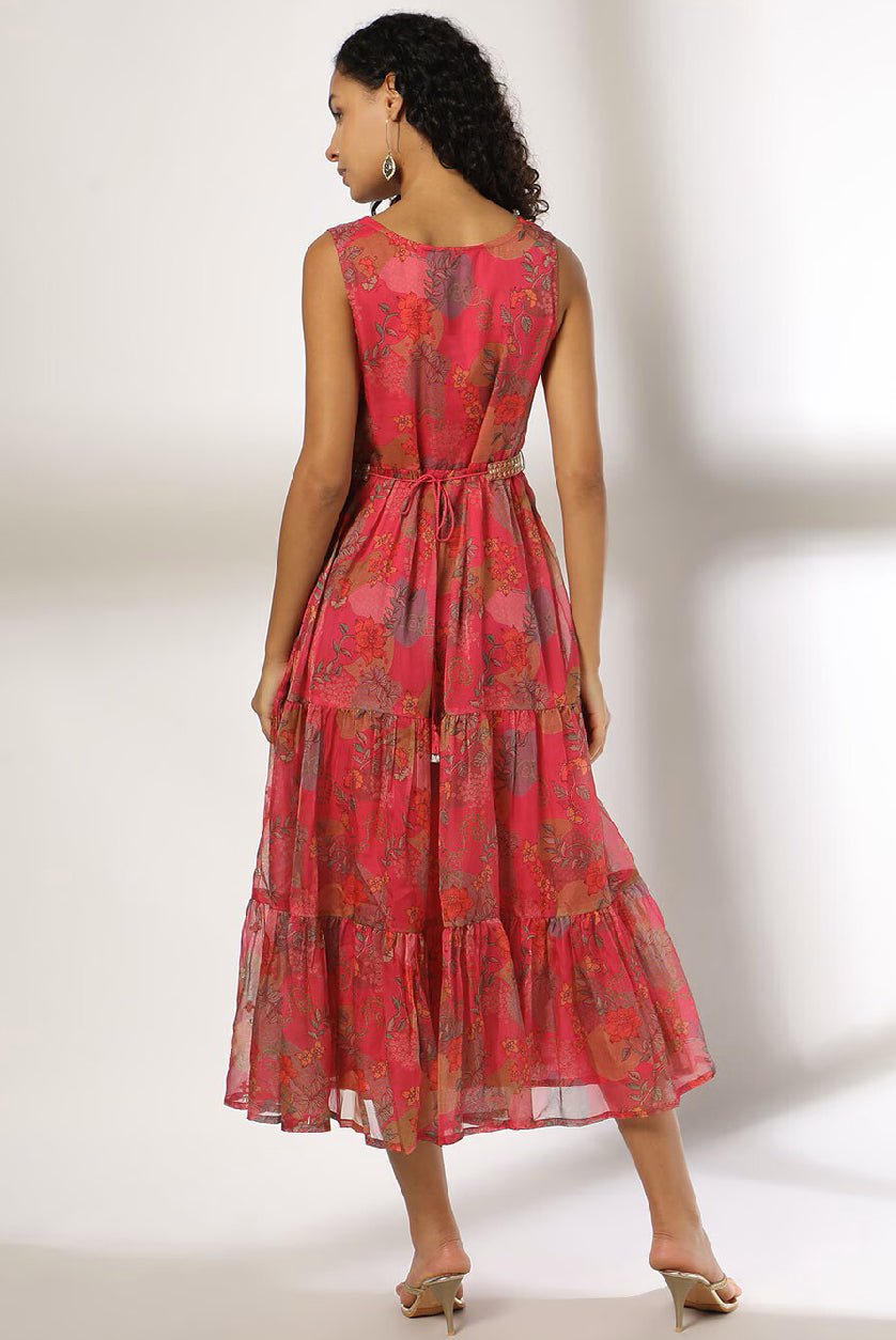 Floral Print Tiered Dress for Women – Strappy Casual Organza Dress with Round Neck - aromie