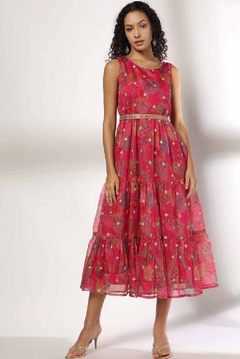 Floral Print Tiered Dress for Women – Strappy Casual Organza Dress with Round Neck - aromie