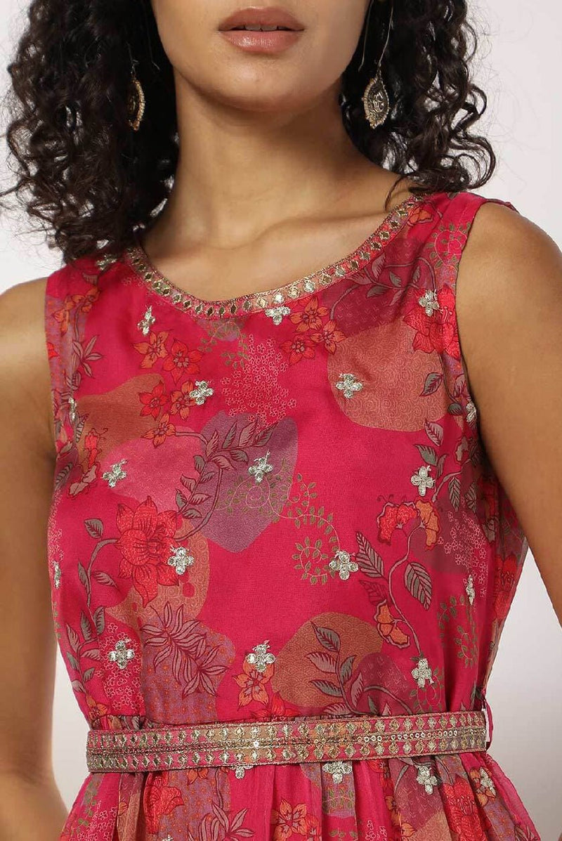 Floral Print Tiered Dress for Women – Strappy Casual Organza Dress with Round Neck - aromie