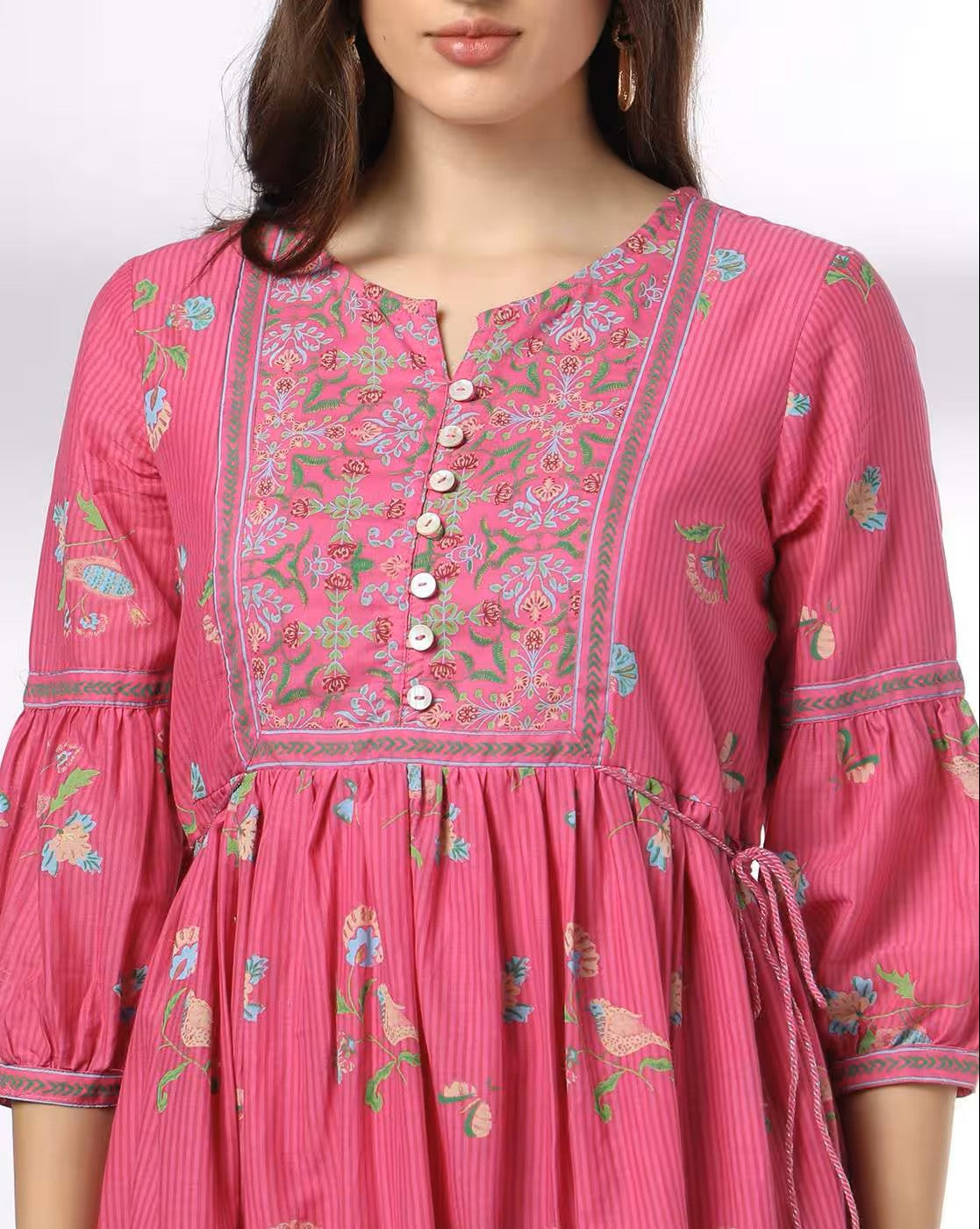 Aromie pink floral print tiered dress with button front and three-quarter sleeves
