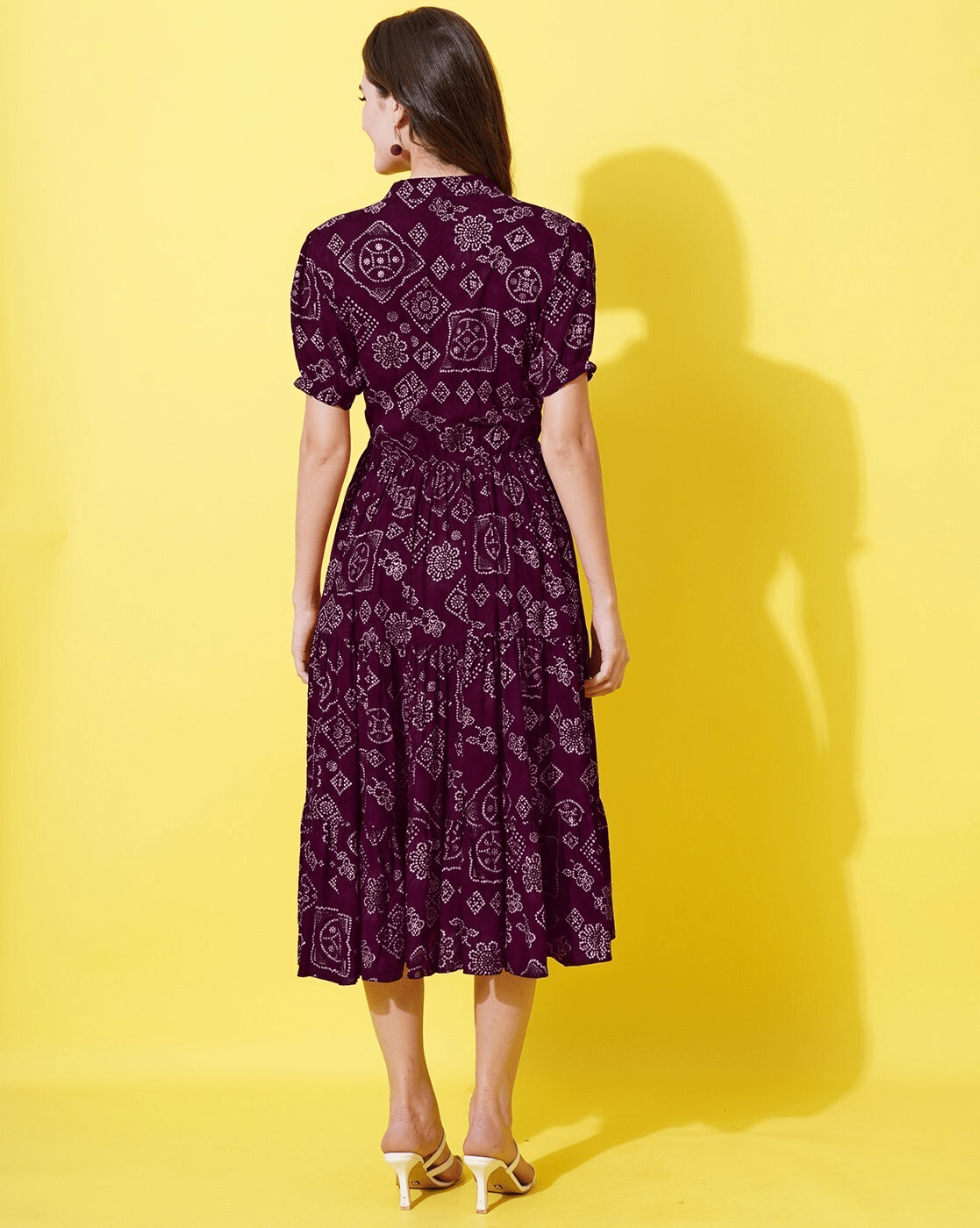 "Floral Print V - Neck Tiered Dress for Women | Puff Sleeve Viscose Rayon Casual Dress" - aromie