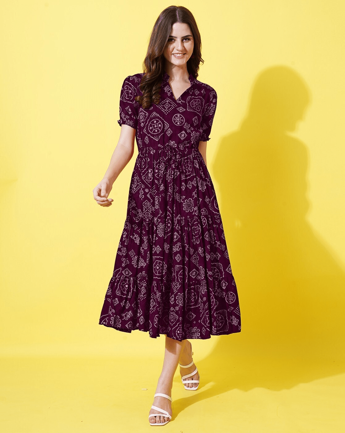 "Floral Print V - Neck Tiered Dress for Women | Puff Sleeve Viscose Rayon Casual Dress" - aromie