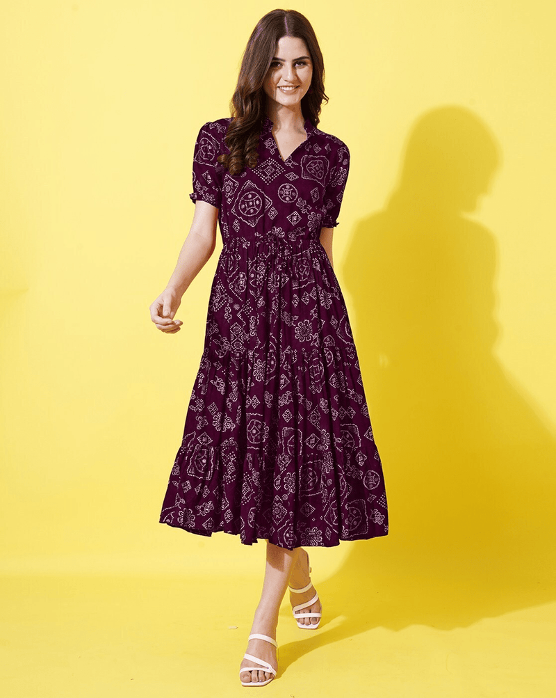 "Floral Print V - Neck Tiered Dress for Women | Puff Sleeve Viscose Rayon Casual Dress" - aromie