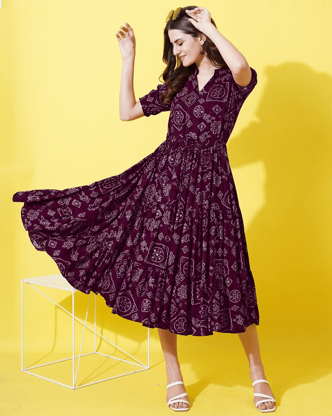 "Floral Print V - Neck Tiered Dress for Women | Puff Sleeve Viscose Rayon Casual Dress" - aromie