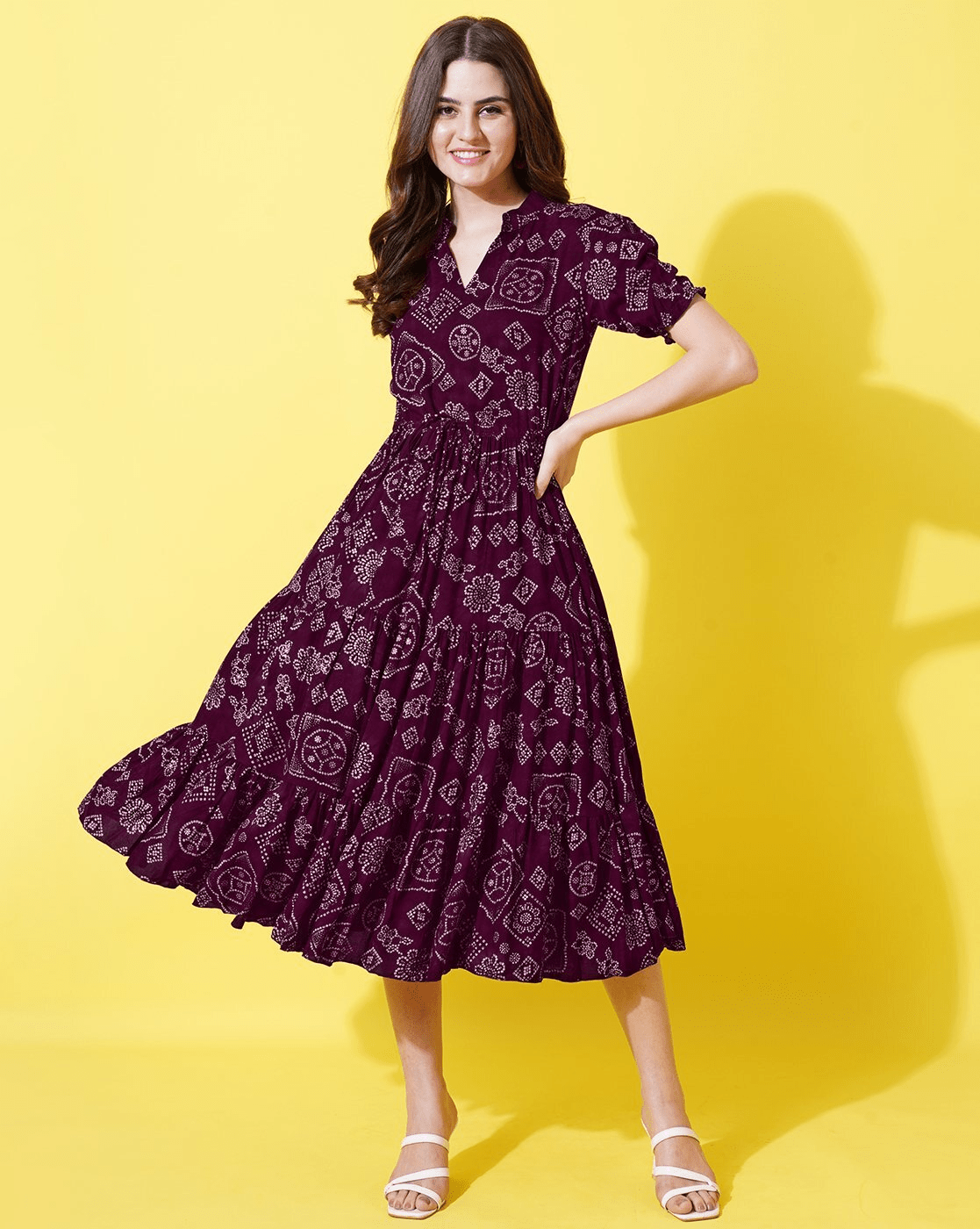 "Floral Print V - Neck Tiered Dress for Women | Puff Sleeve Viscose Rayon Casual Dress" - aromie