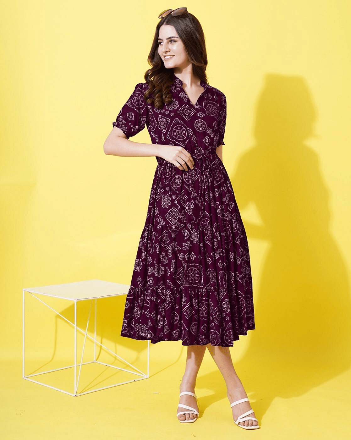 "Floral Print V - Neck Tiered Dress for Women | Puff Sleeve Viscose Rayon Casual Dress" - aromie