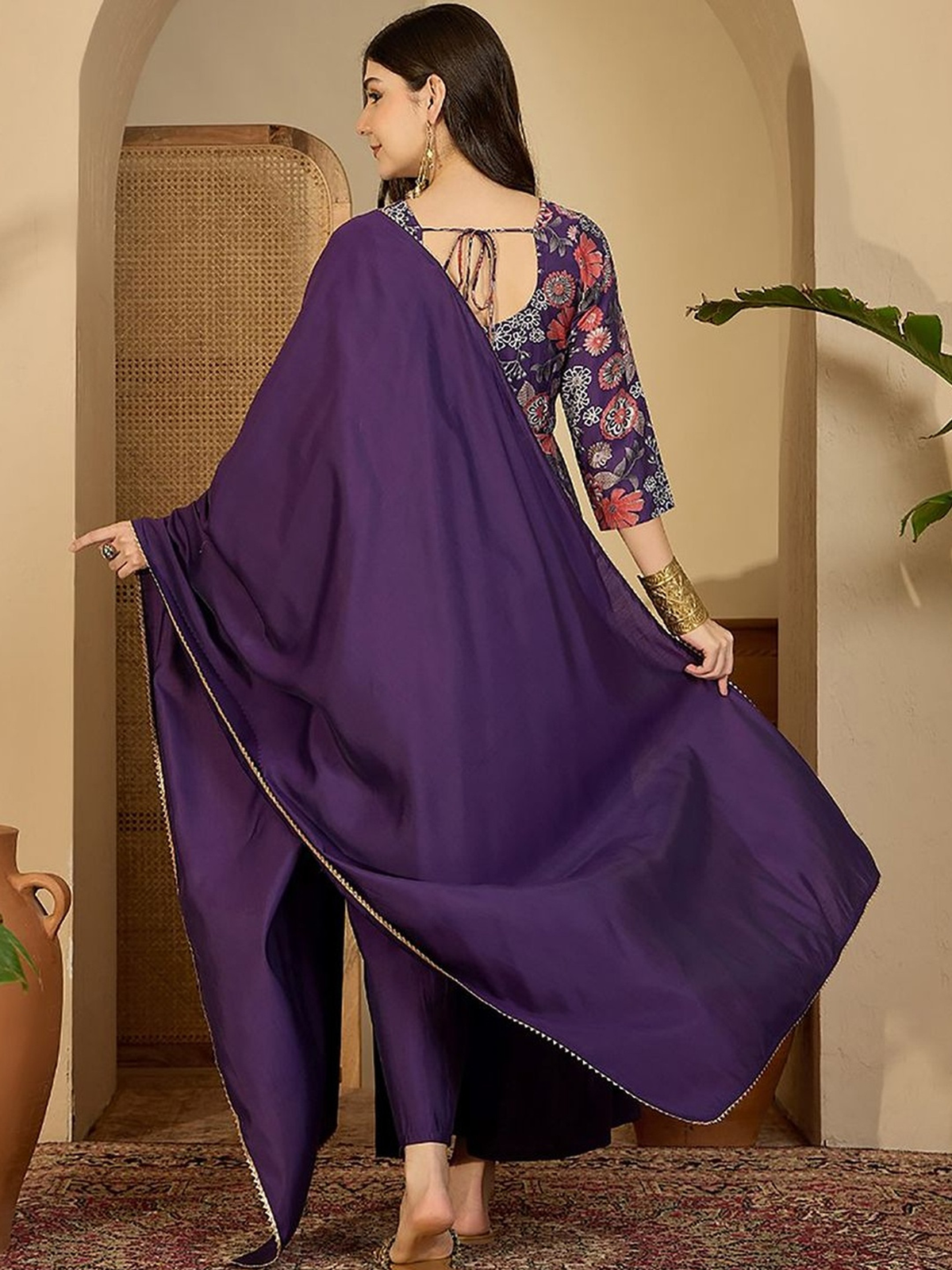Aromie floral printed bell sleeves kurta with purple dupatta, showcasing a stylish back view