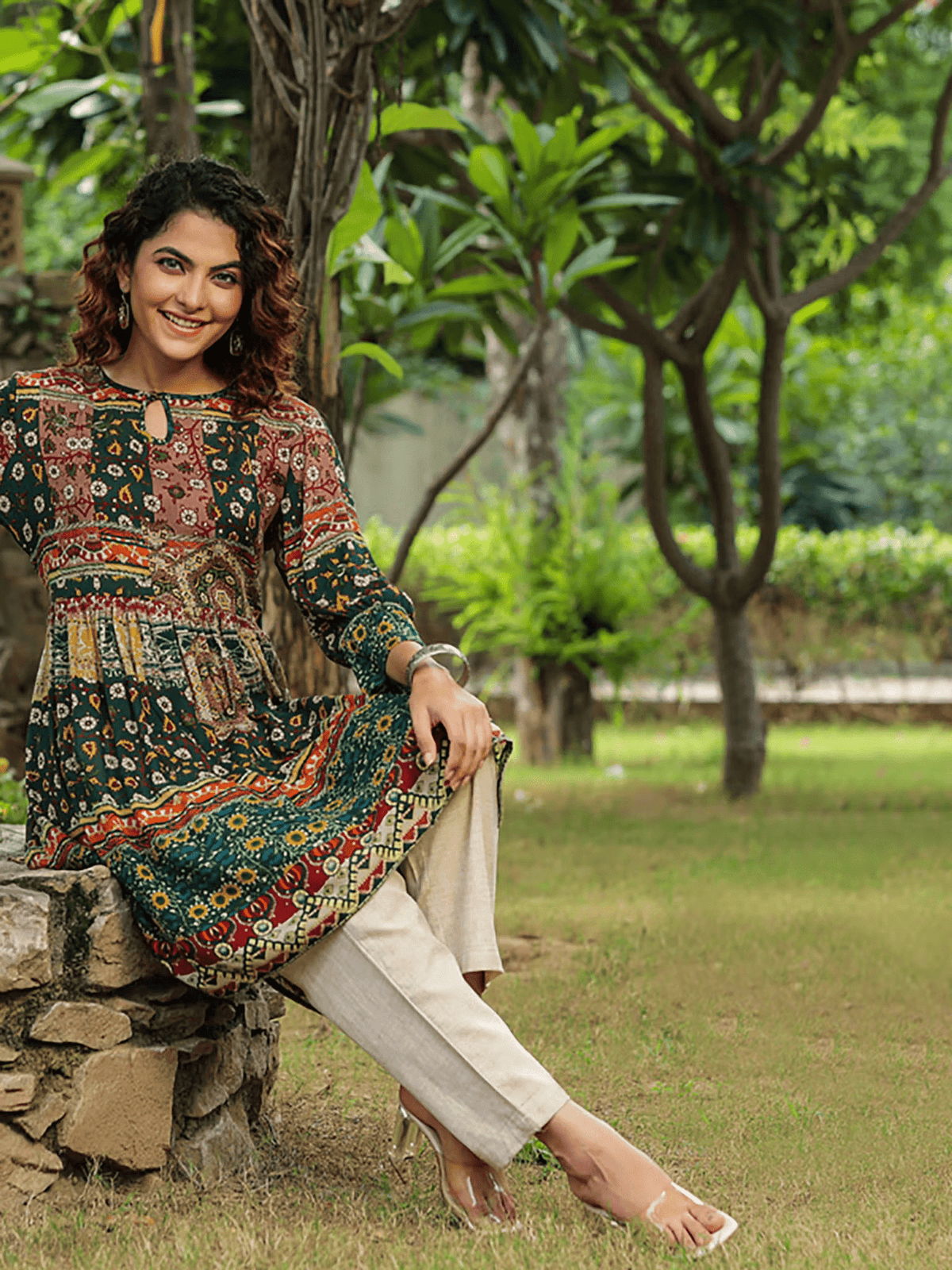 Floral Printed Bell Sleeves Rayon Kurta – Flared Fit with Keyhole Neckline for Casual Wear - aromie