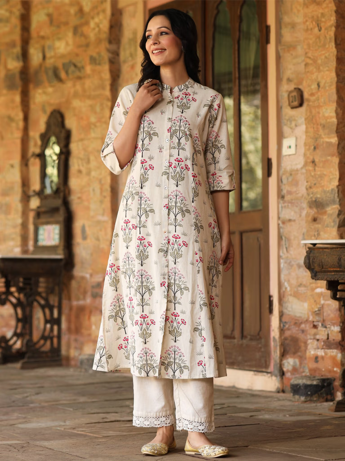 Aromie single piece kurta with floral printed jumpsuit for women in beige with pink and green details