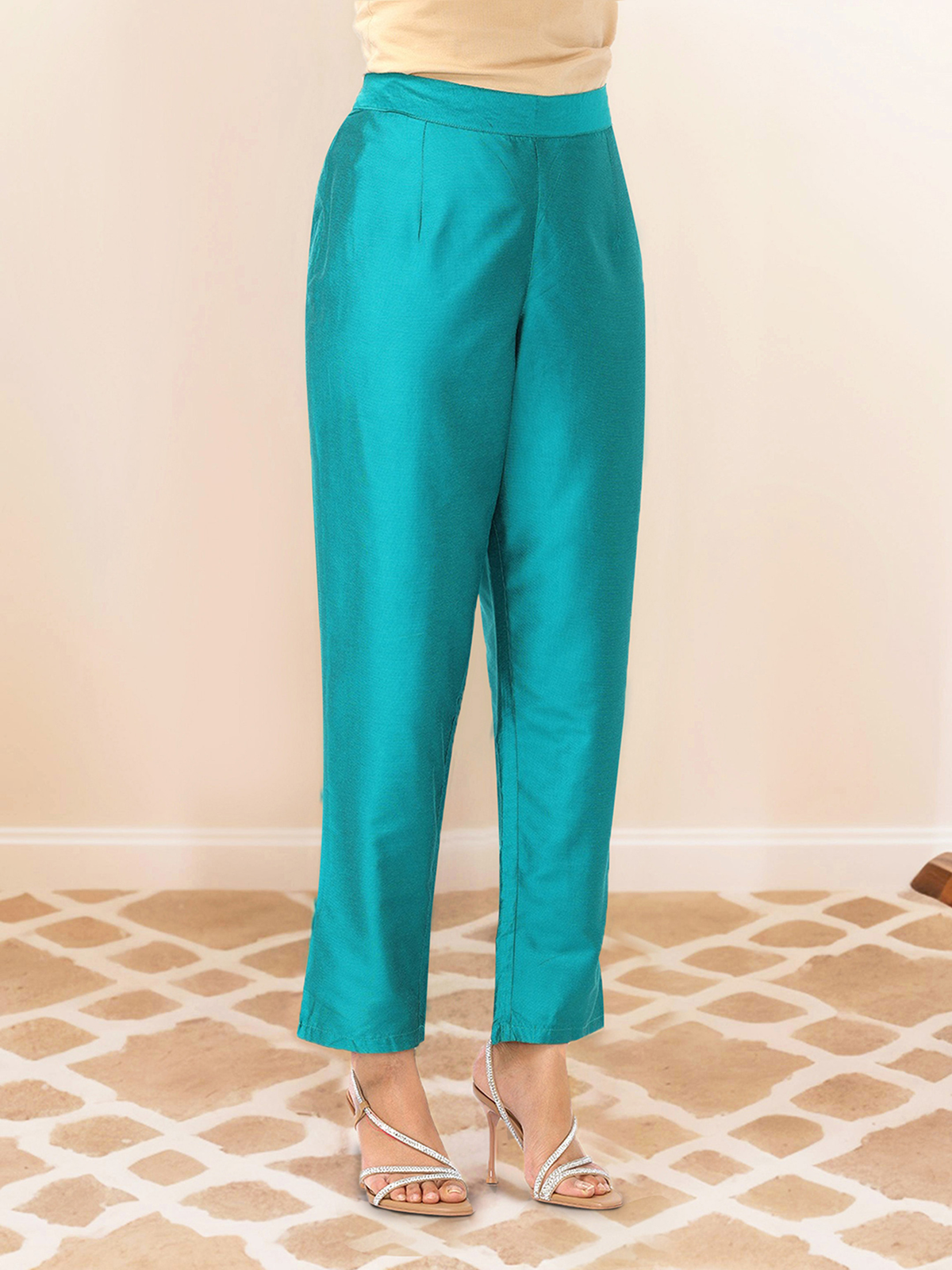 Stylish teal pants for pairing with floral printed kurta Canada for a chic look
