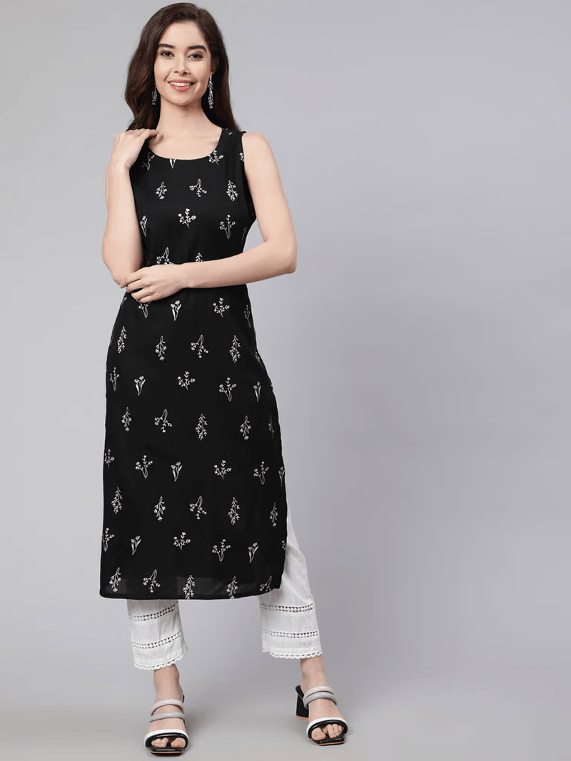 Floral Printed Rayon Kurta – Sleeveless Casual Wear for Women - aromie