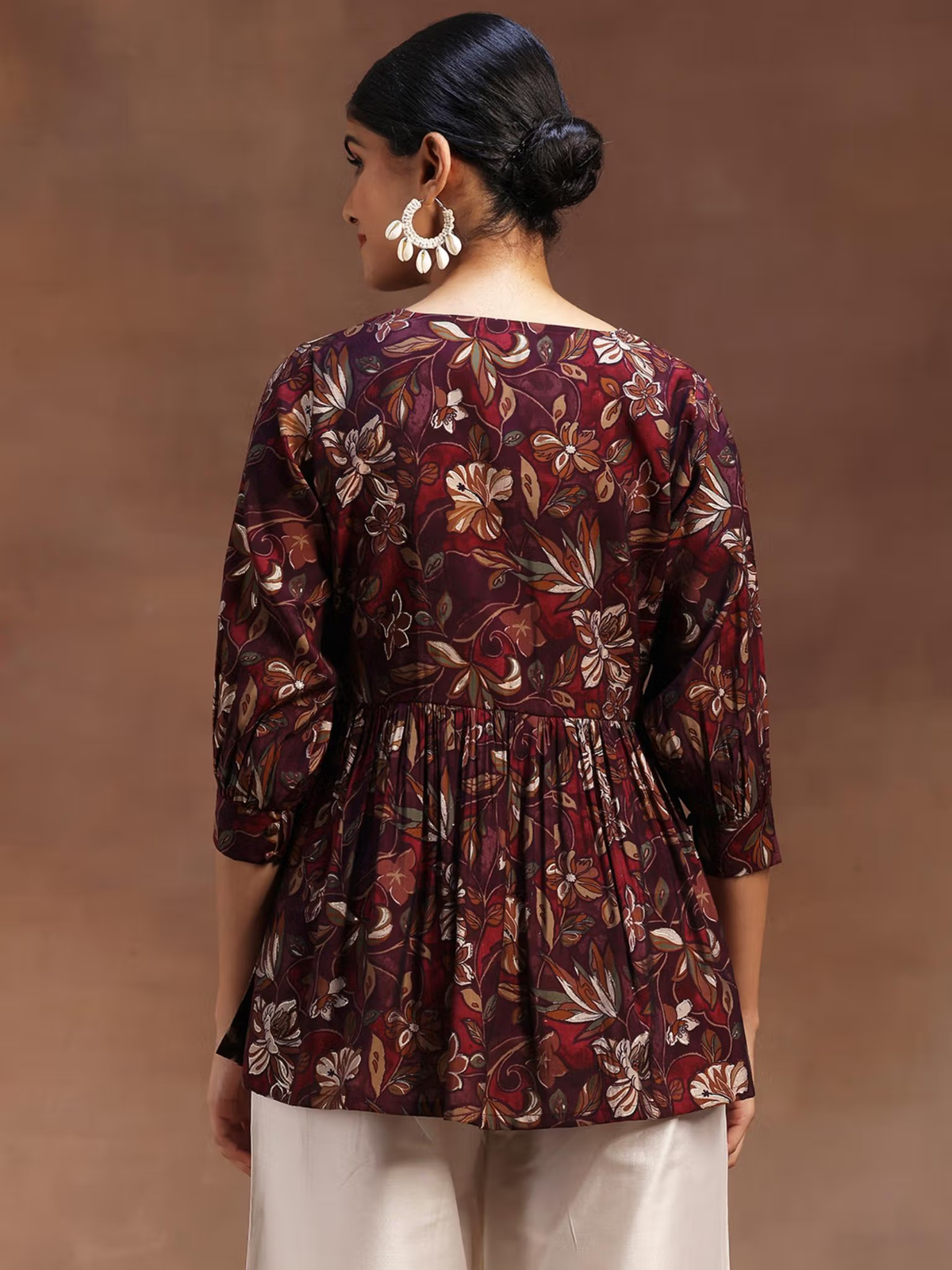 Aromie single piece kurta with floral rayon jumpsuit print in rich maroon and beige tones, back view