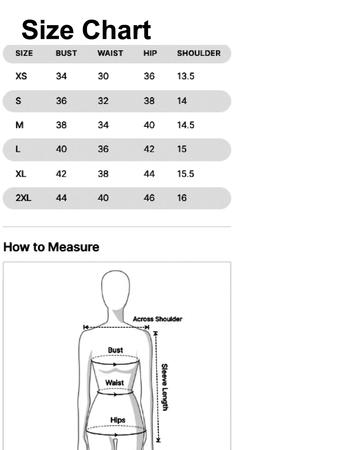 Size chart for aromie single piece kurta with bust waist hip and shoulder measurements