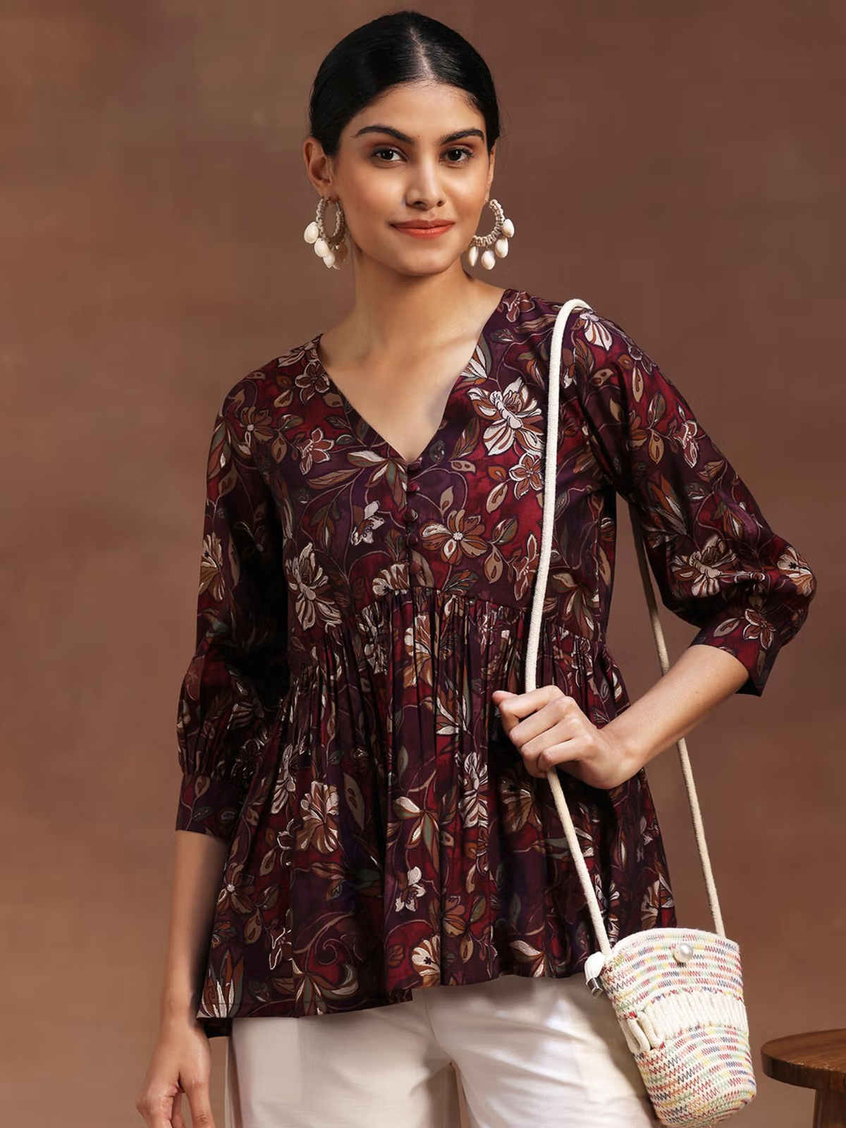 Aromie single piece floral rayon jumpsuit kurta with three-quarter sleeves and V-neck design