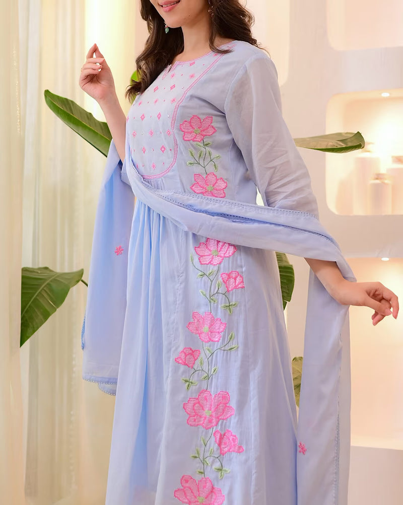 Elegant Floral Rayon Kurta Set by aromie in light blue with pink floral embroidery and matching dupatta