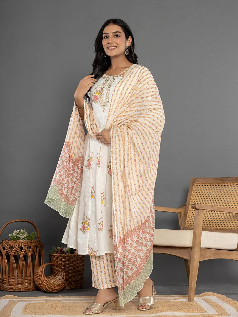 Three piece floral rayon kurta set online Canada featuring a white kurta with detailing, matching pants, and an elegant dupatta