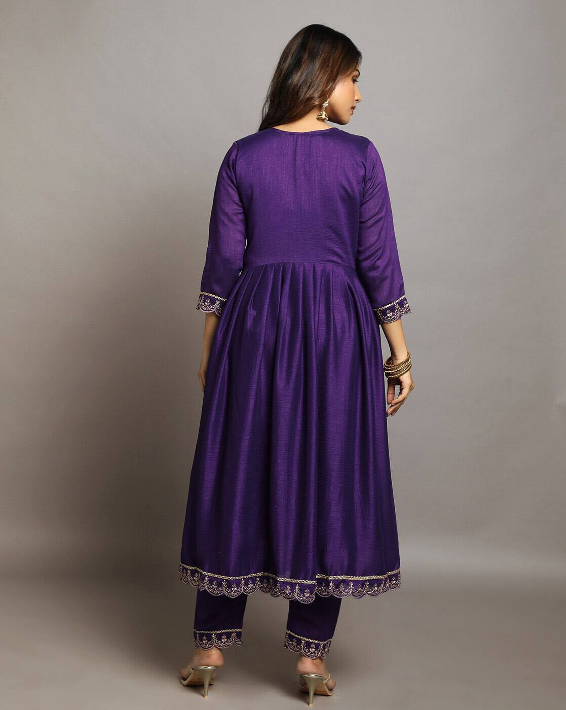 Aromie three piece Floral Silk Kurta Set in purple with detailed embroidery on sleeves and hem
