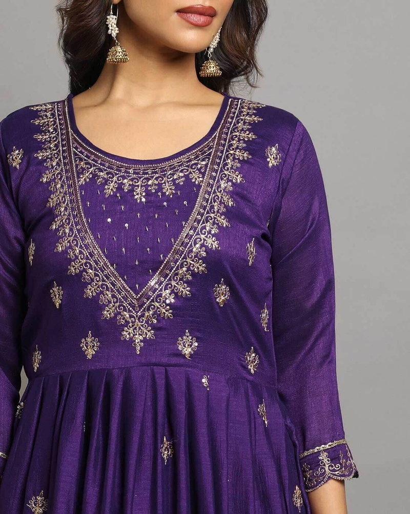 Aromie purple Floral Silk Kurta Set with gold embroidery and three piece design