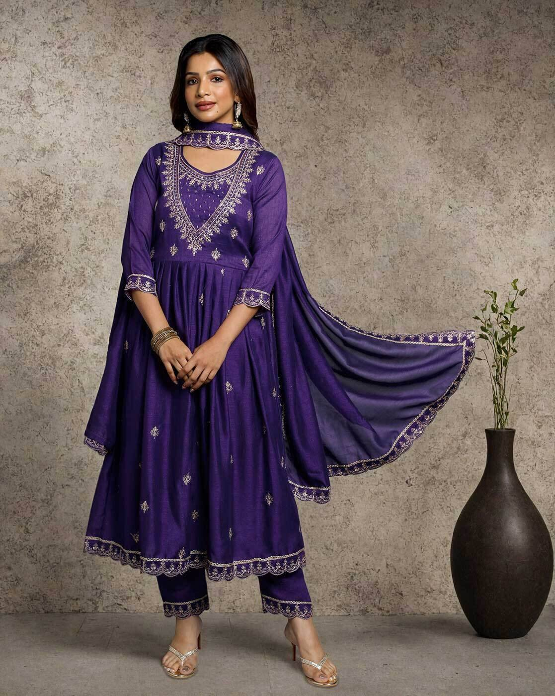 Aromie purple three piece Floral Silk Kurta Set featuring intricate embroidery and matching dupatta