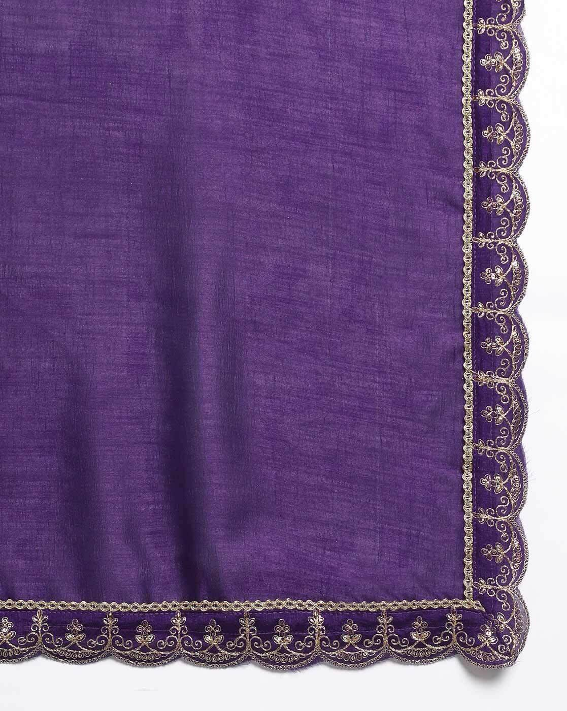 Purple three piece Aromie Floral Silk Kurta Set with intricate gold embroidered scalloped border