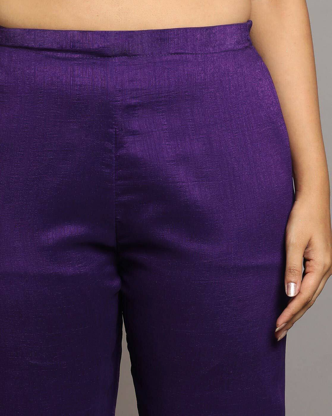 Close-up of purple silk pants from Aromie Floral Silk Kurta Set three piece kurtha