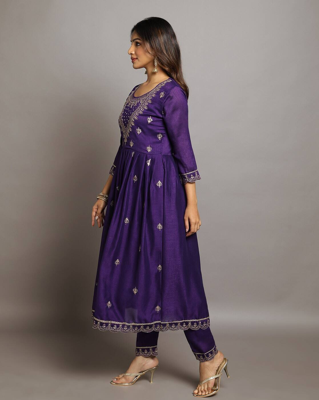 Aromie Floral Silk Kurta Set in purple featuring intricate embroidery and matching pants