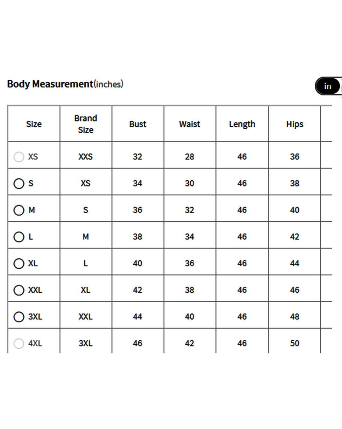 Size chart for Aromie Floral Silk Kurta Set showing bust waist length and hips measurements in inches