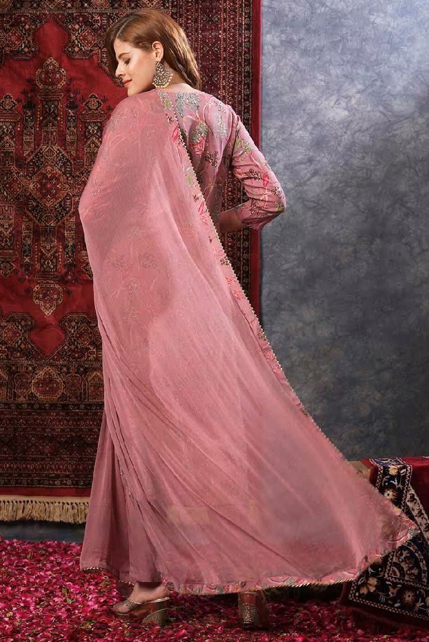 Aromie Three Piece Kurtha in Blush with Floral Design, Elegant Floral Tiered Dress for Women